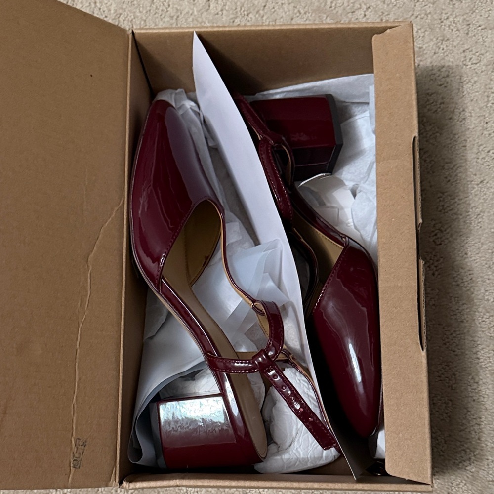 Women’s Burgundy Patent T-Strap Block Heel Pumps
